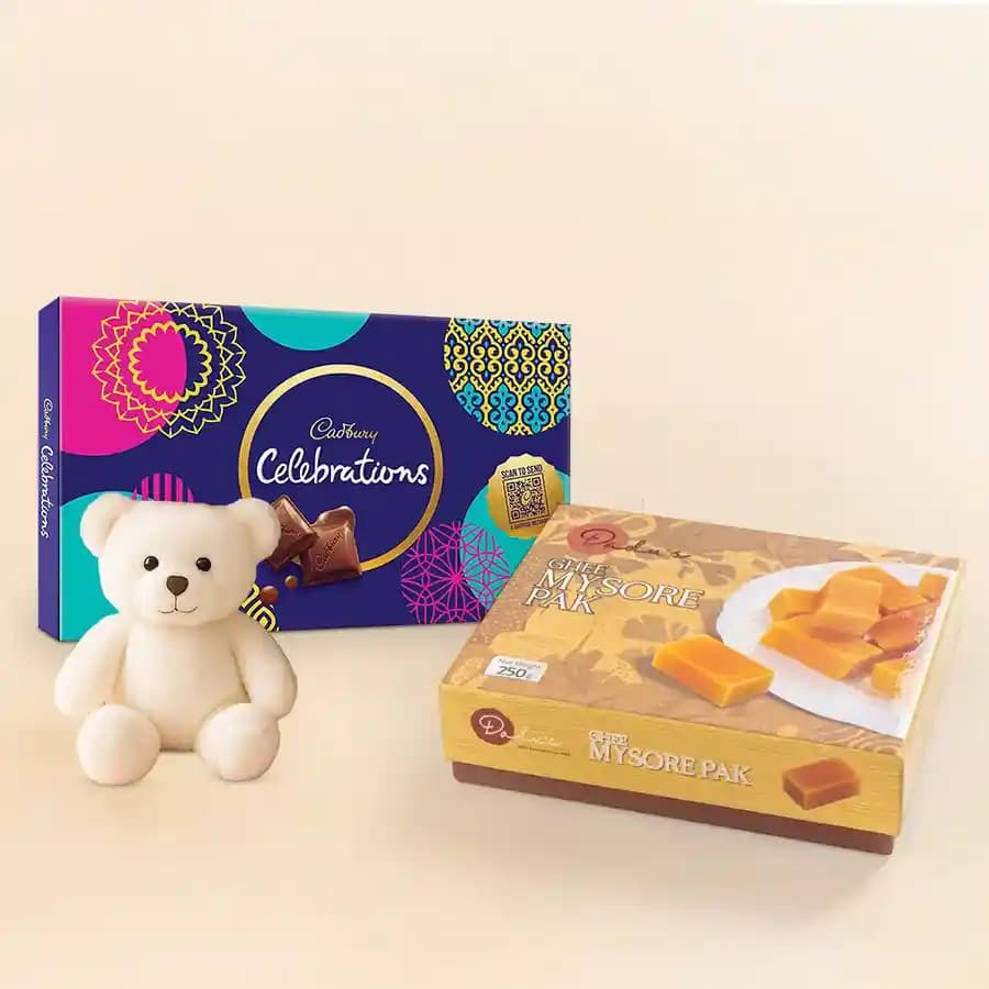 Ghee Mysorepak from Dadus with Teddy N Cadbury Celebration