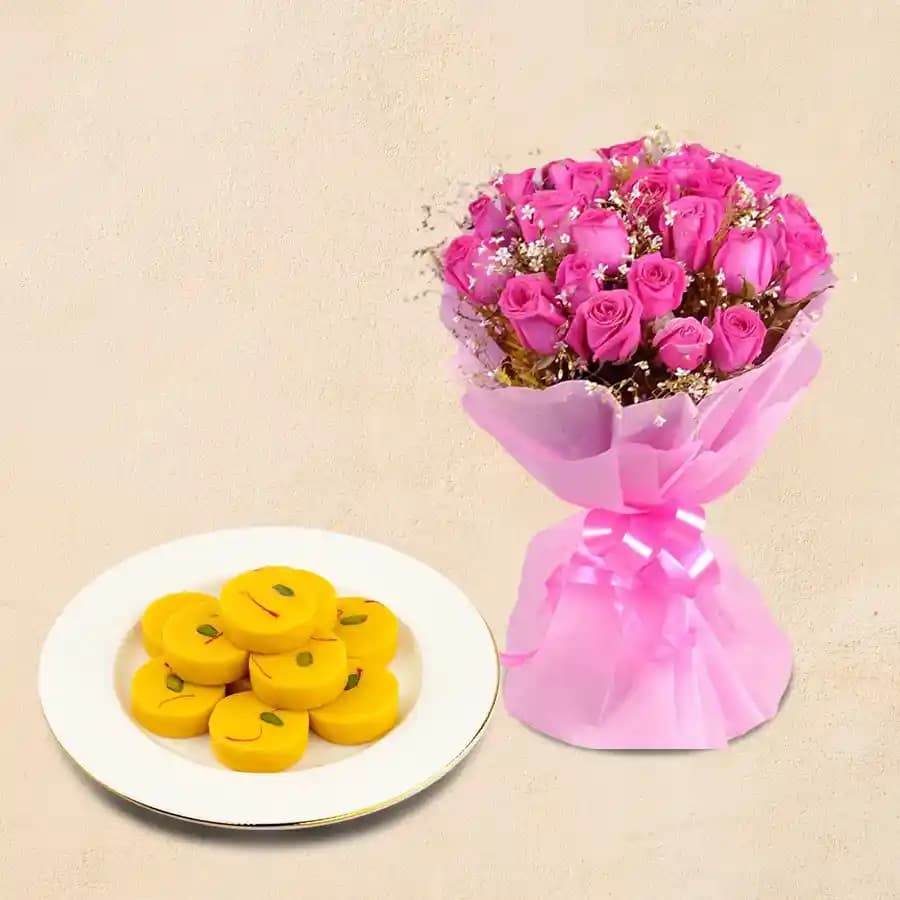 Kesar Peda from Dadus with Pink Rose Bouquet