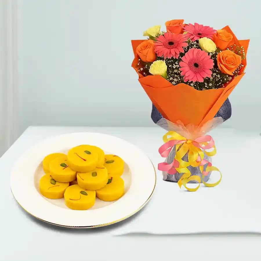 Kesar Peda from Dadus with Seasonal Flower Bouquet