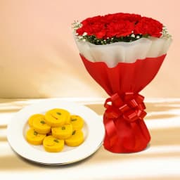 Kesar Peda from Dadus with Red Carnation Tissue Wrapped Bouquet 1