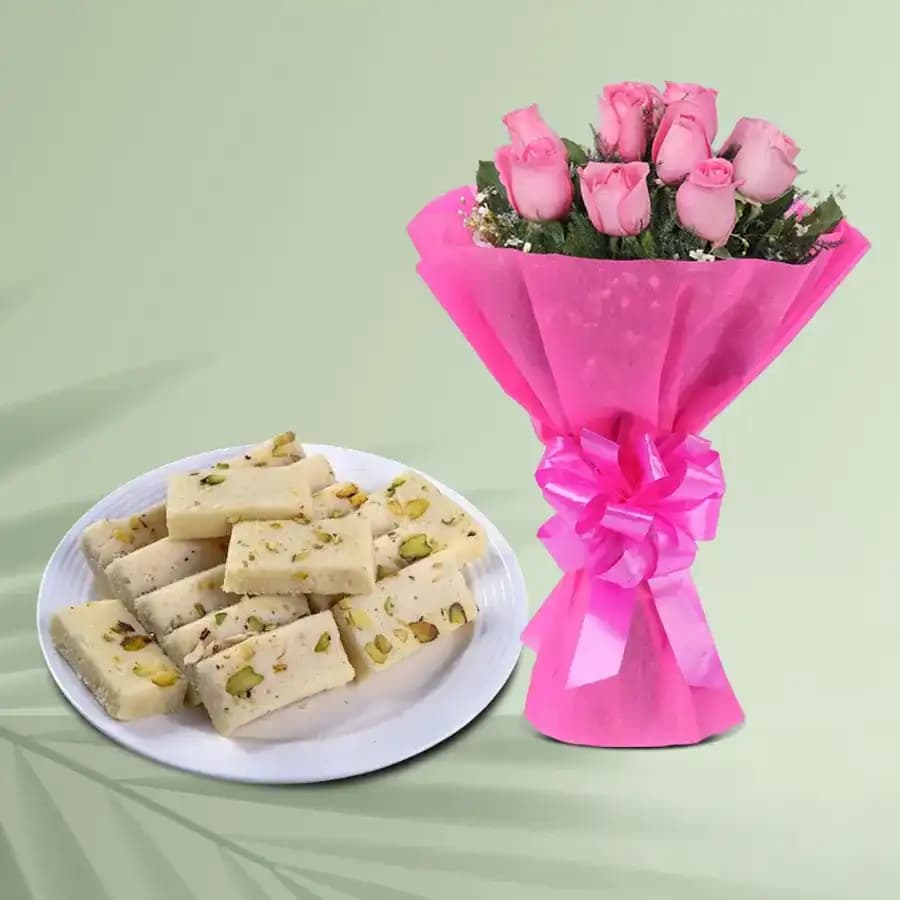 Malai Burfi from G Pulla Reddy with Pink Rose Bouquet