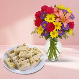 Malai Burfi from G Pulla Reddy with Mixed Flower Arrangement 1