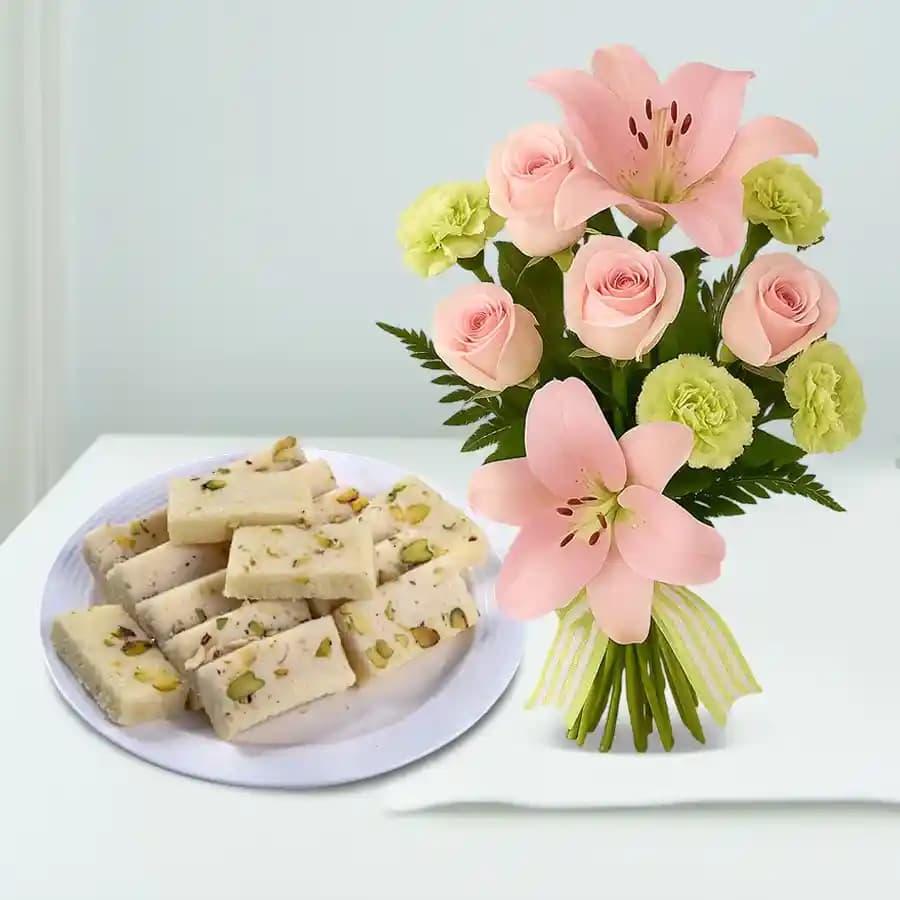 Malai Burfi from G Pulla Reddy with Flowers Bouquet