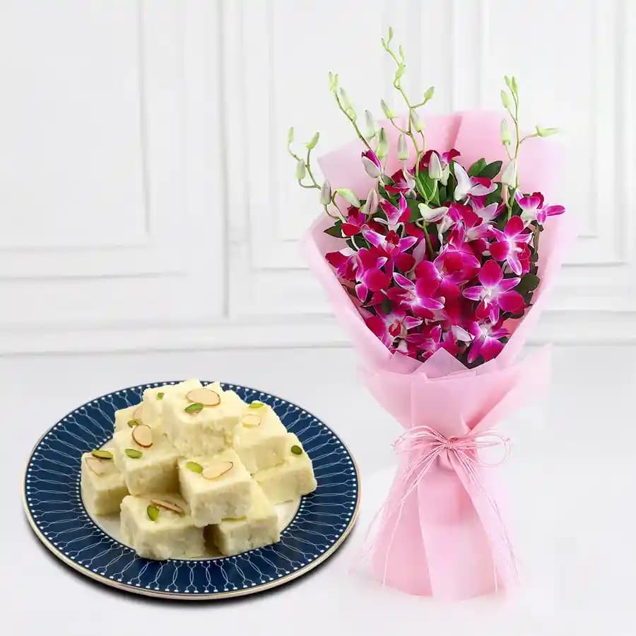 Malai Burfi from G Pulla Reddy with Orchid Bouquet