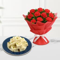 Malai Burfi from G Pulla Reddy with Red Carnation Bouquet 1