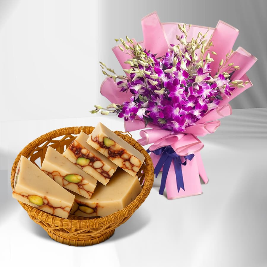 DryFruit Katli from G Pulla Reddy with Orchid Bouquet