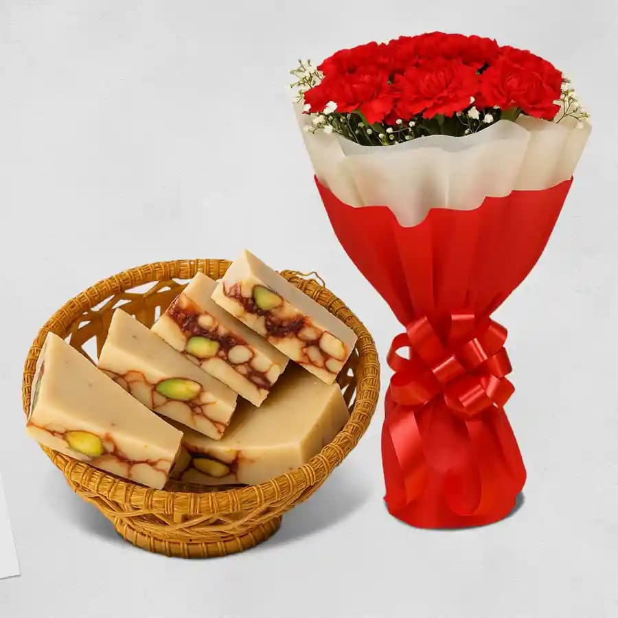 DryFruit Katli from G Pulla Reddy with Red Carnation Bouquet