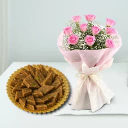 Peppery Cashew Burfi from Almond House with Pink Rose Bouquet 1