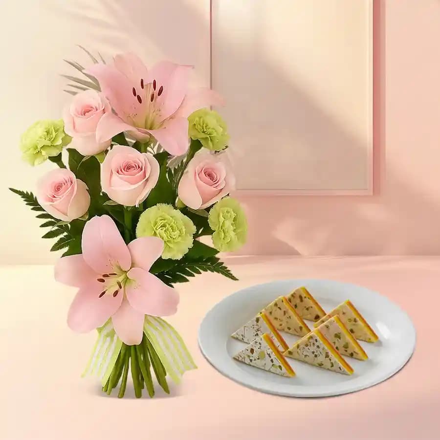 Kaju Pista Sandwich from Almond House with Flowers Bouquet