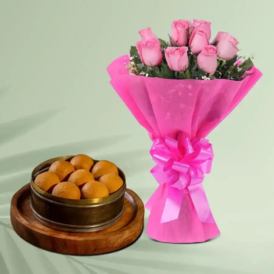 Bellam Sunni Laddu from Almond House with Pink Rose Bouquet