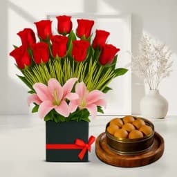 Bellam Sunni Laddu from Almond House with Designer Flower Arrangement 1