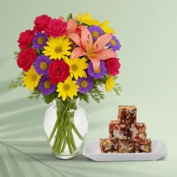 Dry Fruit Burfi from Almond House with Mixed Flower Arrangement 1