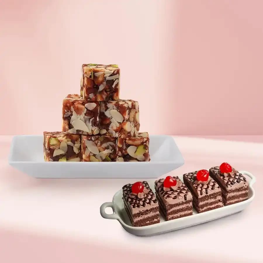 Dry Fruit Burfi from Almond House with Chocolate Pastry