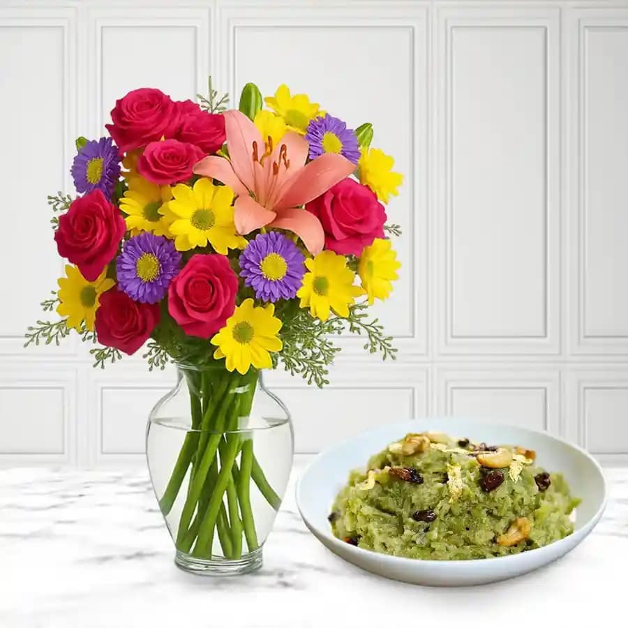 Delightful Dudhi Halwa with Elegant Floral Bouquet