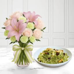 Heartfelt Dudhi Halwa with Elegant Floral Arrangement 1