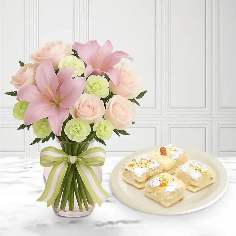 Delightful Malai Treats with Elegant Floral Gift