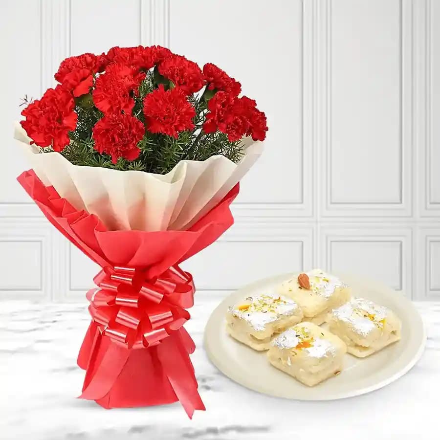 Gourmet Malai Sandwich with Elegant Red Carnation Bouquet