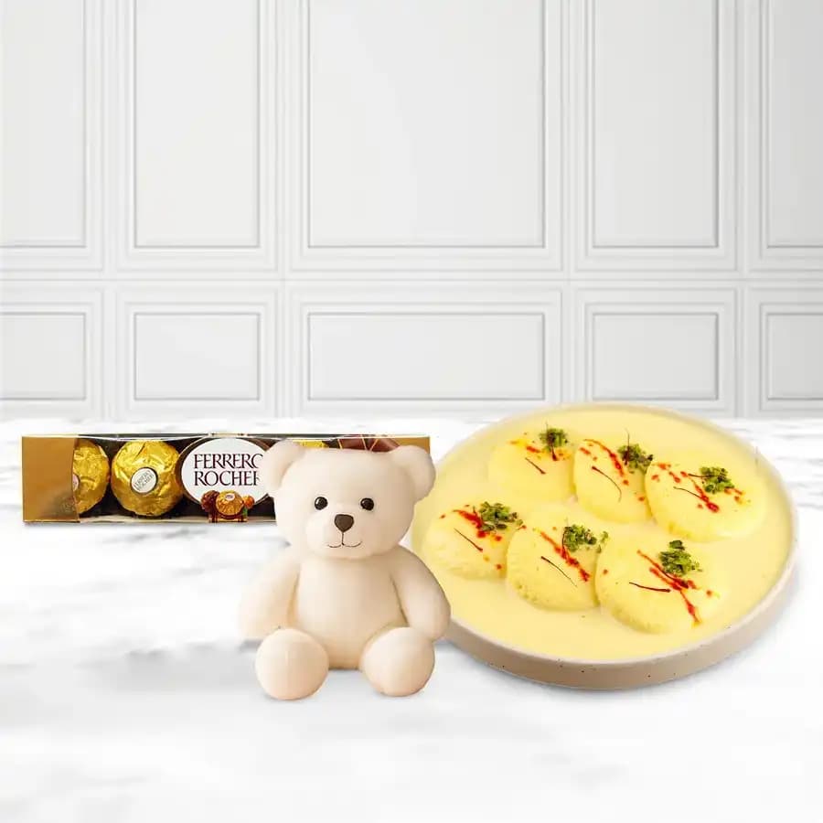 Sweet Love Assortment: Rasmalai, Teddy Bear, and Ferrero Rocher