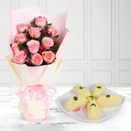 Delicious Malai Chum Chum with Elegant Pink Rose Arrangement 1