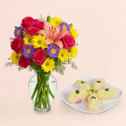 Elegant Sweet Surprise: Malai Chum Chum & Floral Arrangement 1
