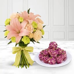Charming Almond Rose Delight with Floral Arrangement 1