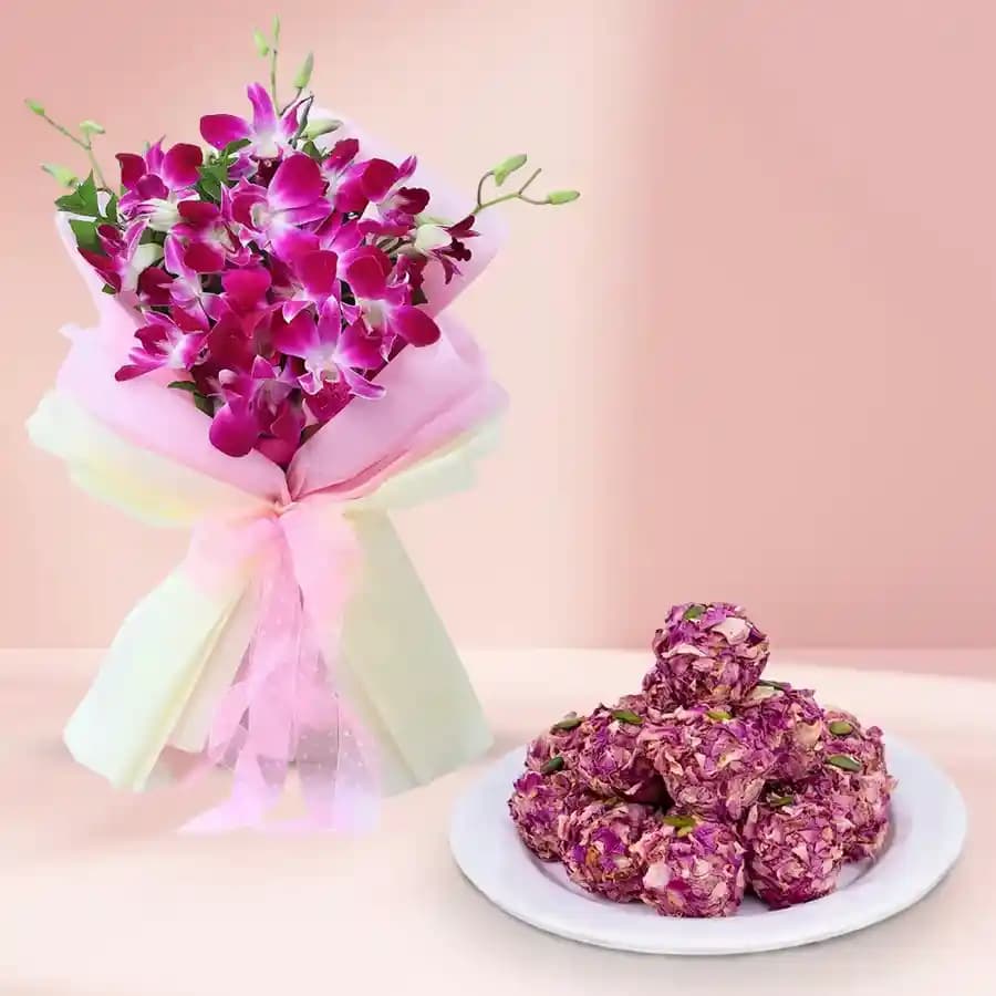 Exquisite Almond Rose Delight with Elegant Orchid Arrangement