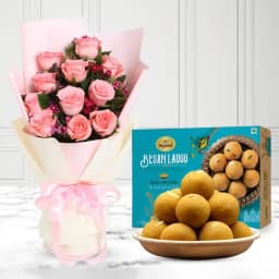 Sweet Elegance: Besan Laddu with Pink Roses 1