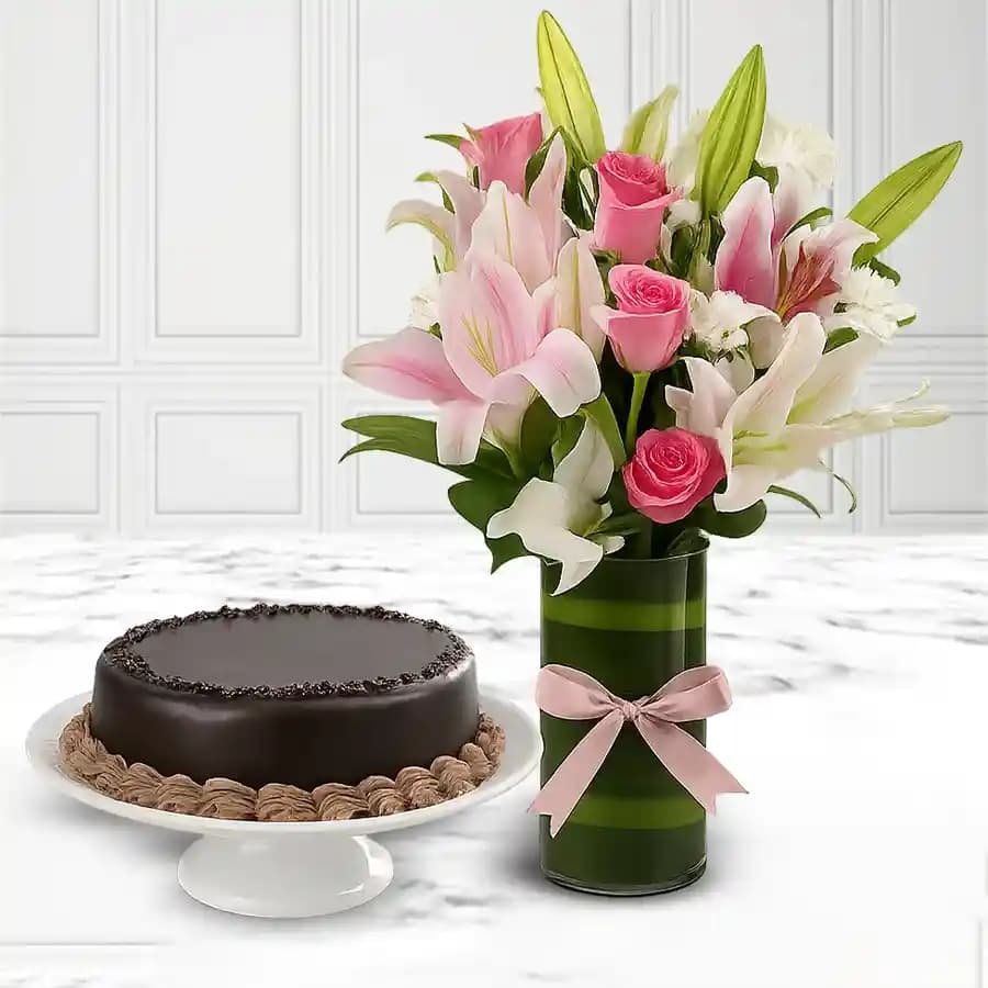 Classic Mixed Flowers Vase N Chocolate Cake Combo