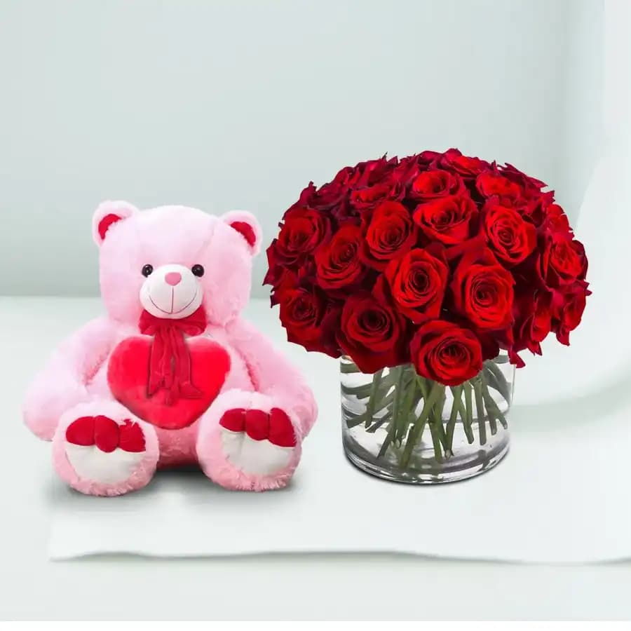 Fresh Red Roses N Teddy Combo