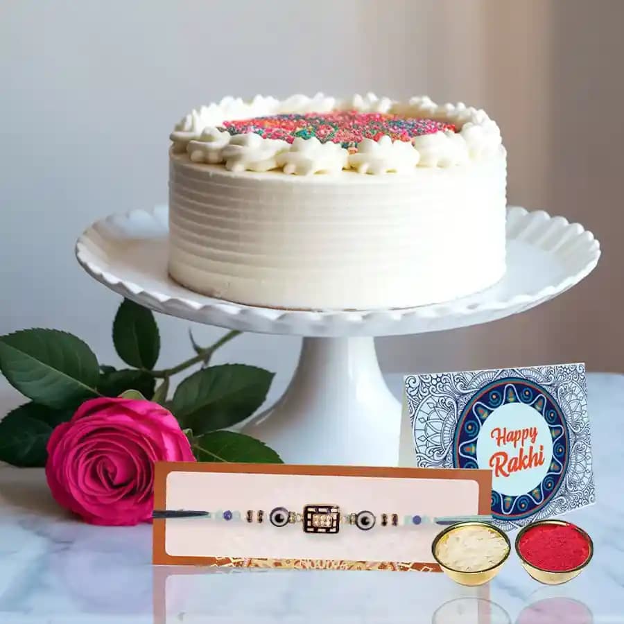 Eggless Cake and a Red Rose with Free Rakhi,