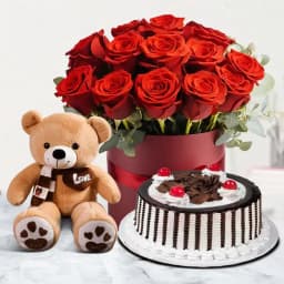 Red Roses with Black Forest Cake N Teddy 1