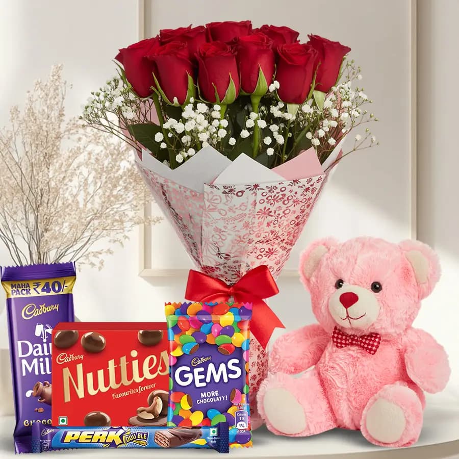 Dutch Red Roses Huggable Cute Teddy Bear (6 inch) n Chocolates