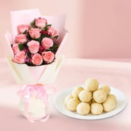 Lavish Treat of Raja Laddu from Ananda Bhawan with Pink Roses Bunch 1