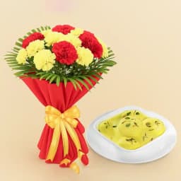 Enjoyable Shree Mithai Rasmalai with Exotic Carnations Bouquet 1
