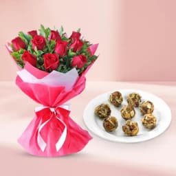 Tasty Dry Fruit Ladoo from Shree Mithai with Glorious Red Roses Bunch 1