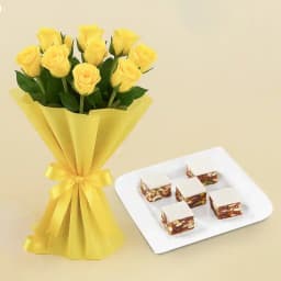 Indulgent Khajur Pak from Shree Mithai with Yellow Roses Bunch 1