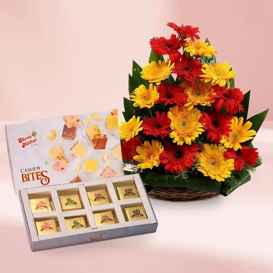 Tempting Cashew Bites from Shree Mithai with Fresh Gerberas Arrangement