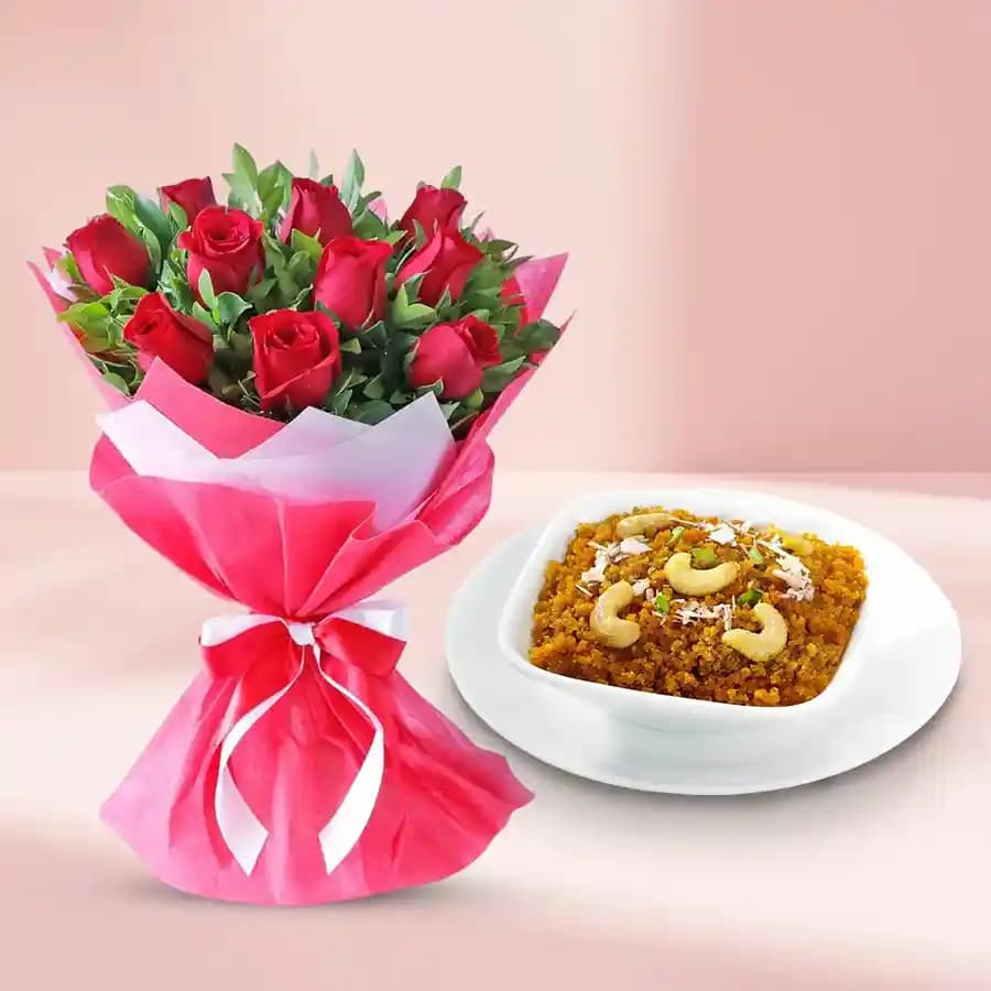 Tempting Moong Dal Halwa from Shree Mithai with Beautiful Red Roses Bunch