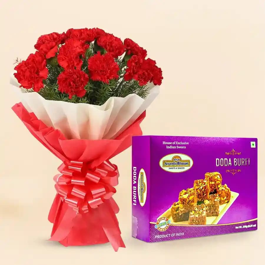 Yummy Dodha Burfi from Ananda Bhawan with Red Carnations Bouquet