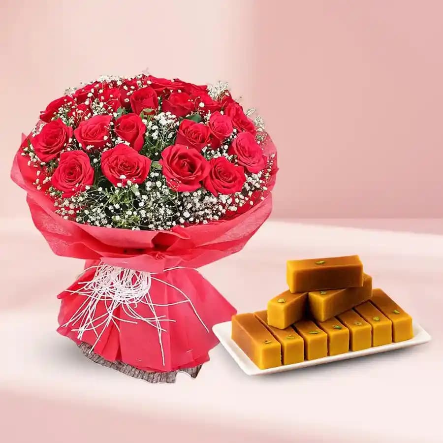 Exclusive Ananda Bhawan Kaju Mysore Pak N Pretty Red Roses Bunch Combo Gift