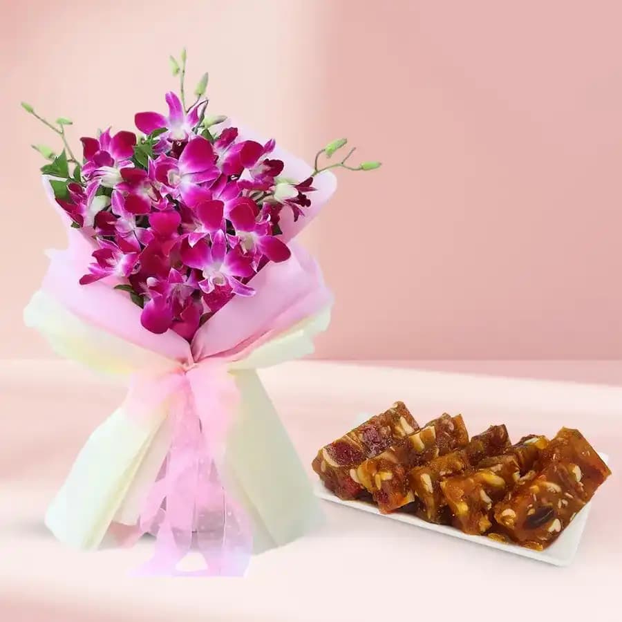 Luscious Dry Fruit Halwa from Ananda Bhawan with Artistic Orchids Bunch