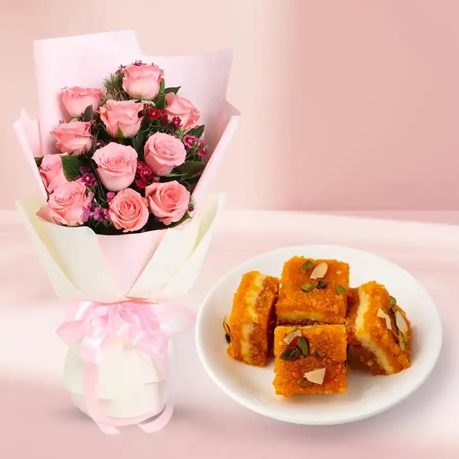 Toothsome Moti Pak from Gangotree Sweets and Snacks with Pink Roses Bouquet
