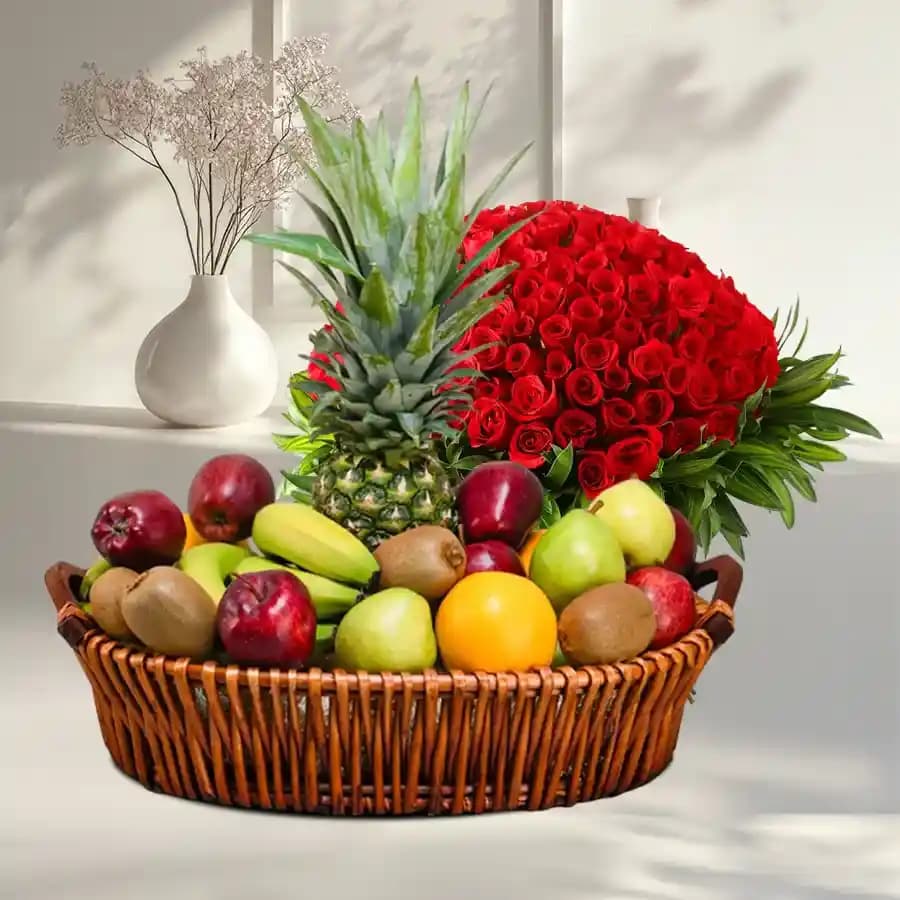 Red Roses Bouquet with Fresh Fruits Basket