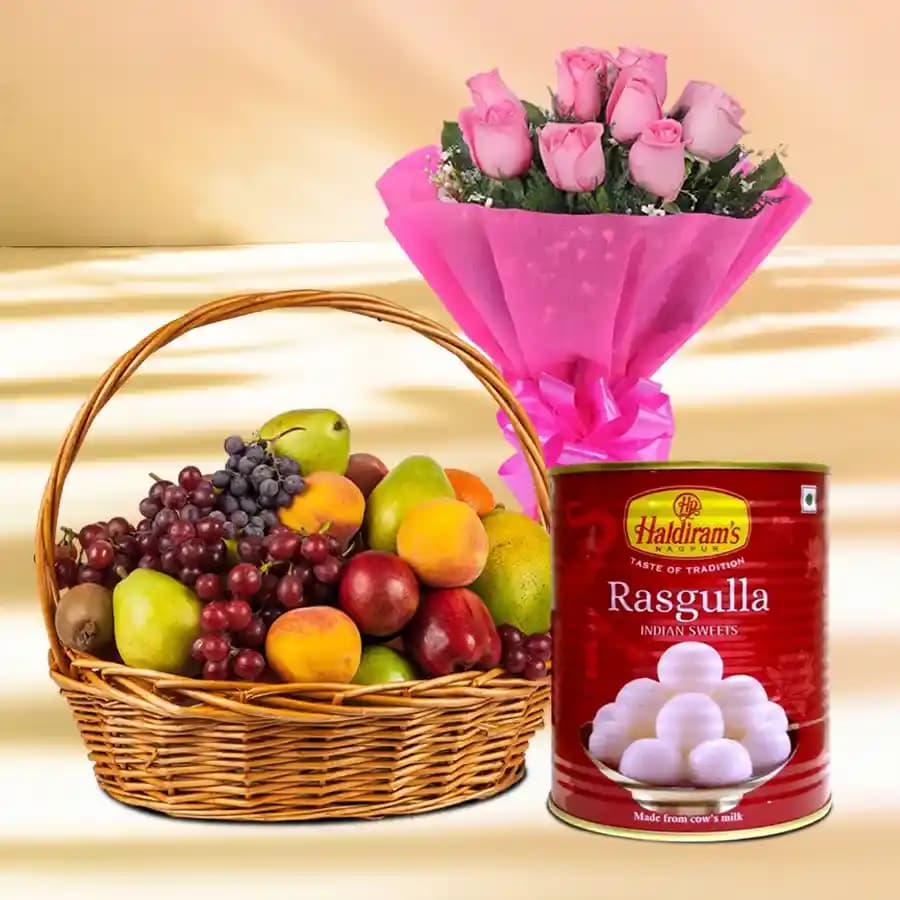 Fruits Basket with Roses Bouquet N Haldirams Rasgulla