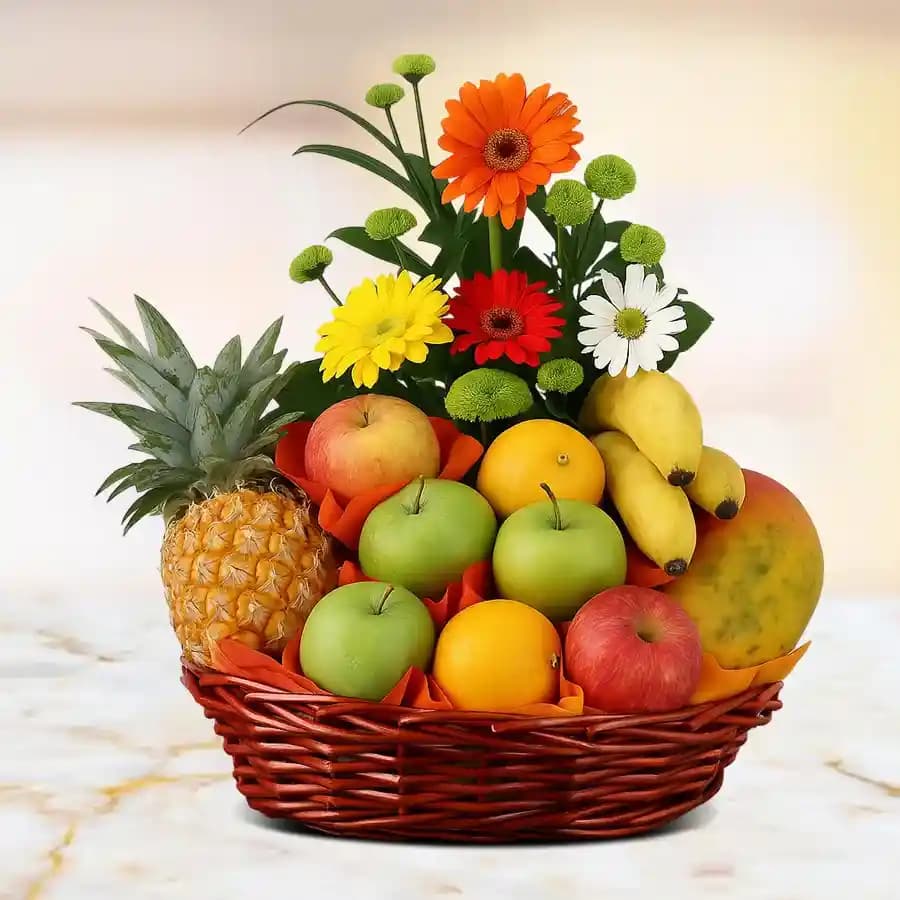 Delicious Apples and Pears with Gerbera Decor Basket