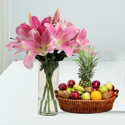 Marvellous Fresh Fruits Basket with Pink Lilies 1