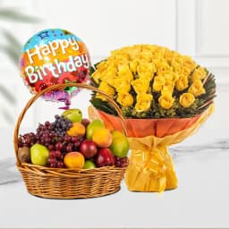 Delightful Fresh Fruits Basket with Yellow Rose Bouquet 1