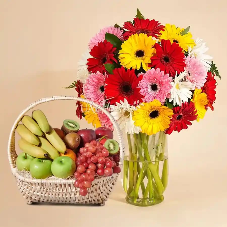 Marvelous Fresh Fruits Basket with Gerberas
