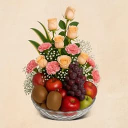 Exquisite Gift of Exotic Fruits N Flowers in Glass Vase 1