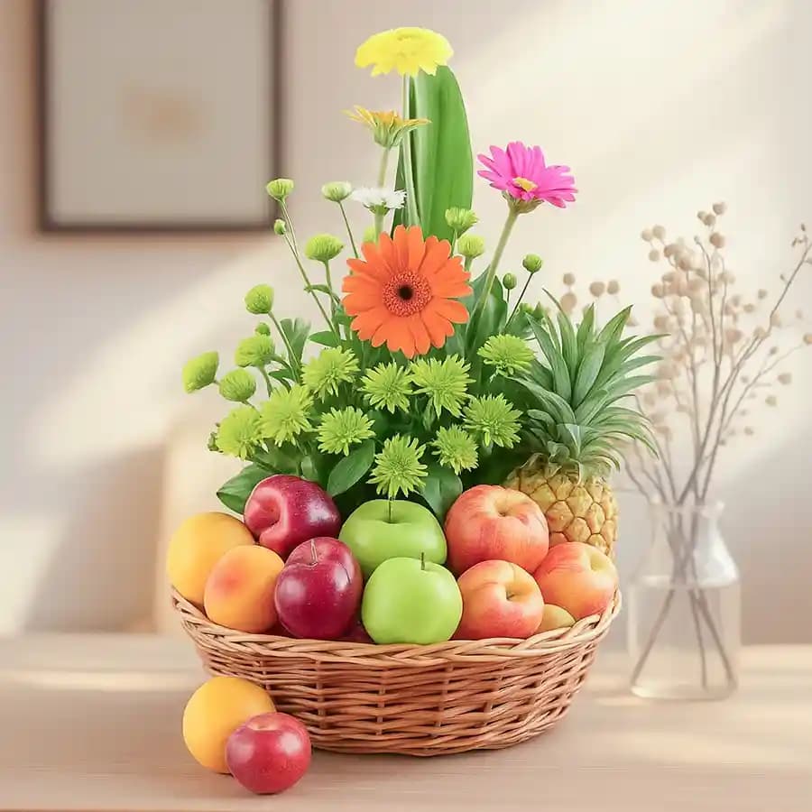 Plentiful Fresh Fruits with Gerberas Gift Basket